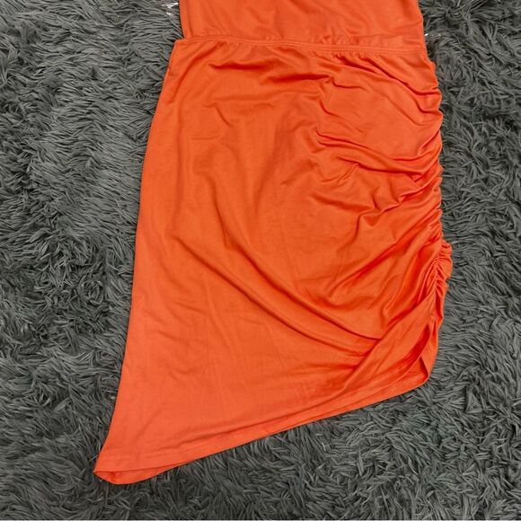 Blue Blush Asymmetrical Tangerine Mini Bodycon Ruched Side Dress Size Medium NWT - Picture 3 of 10